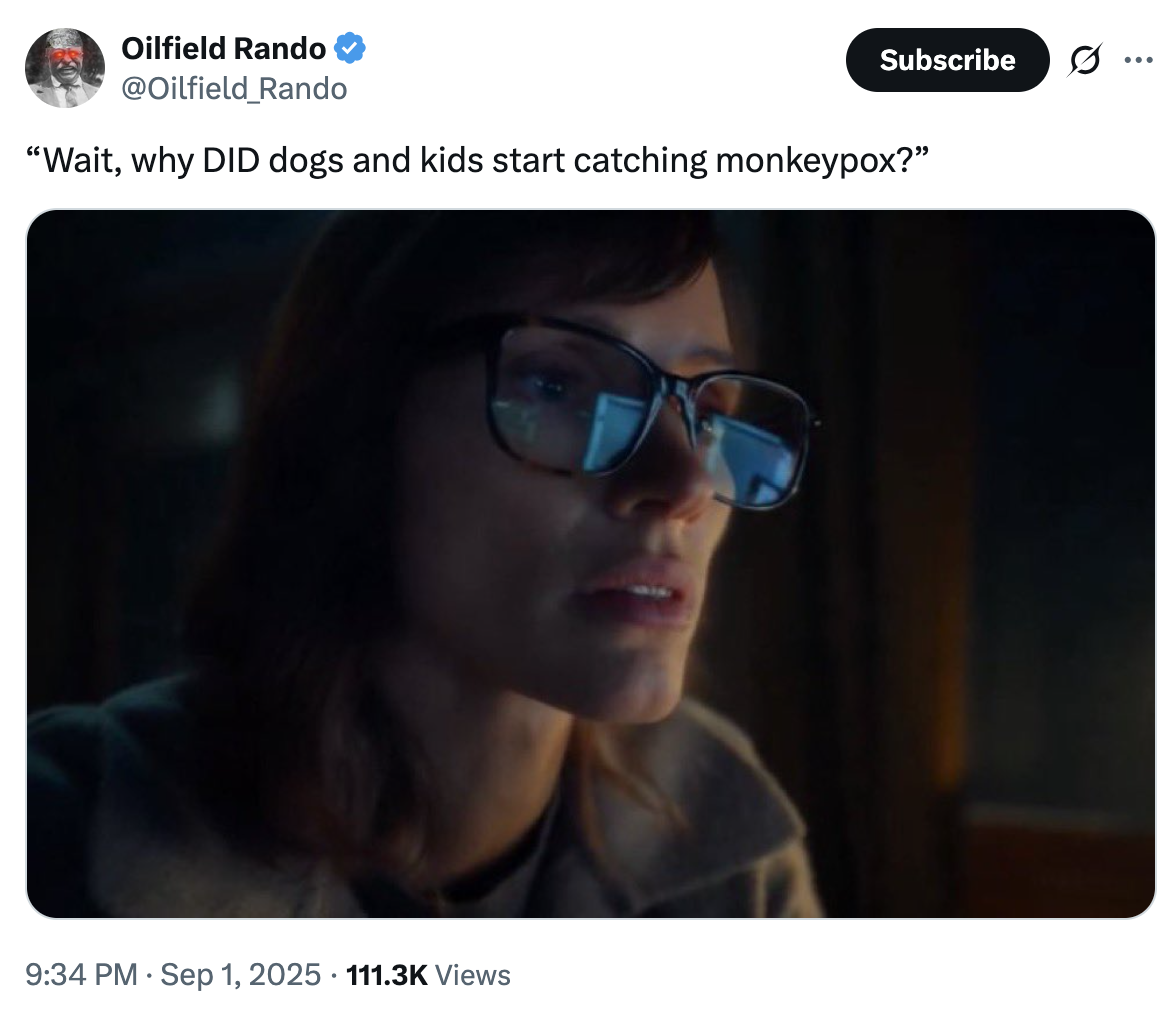 A "tweet":https://knowyourmeme.com/memes/sites/twitter-x using the image of Jessica Chastain looking at a computer from the upcoming Apple TV+ show _The Savant_.