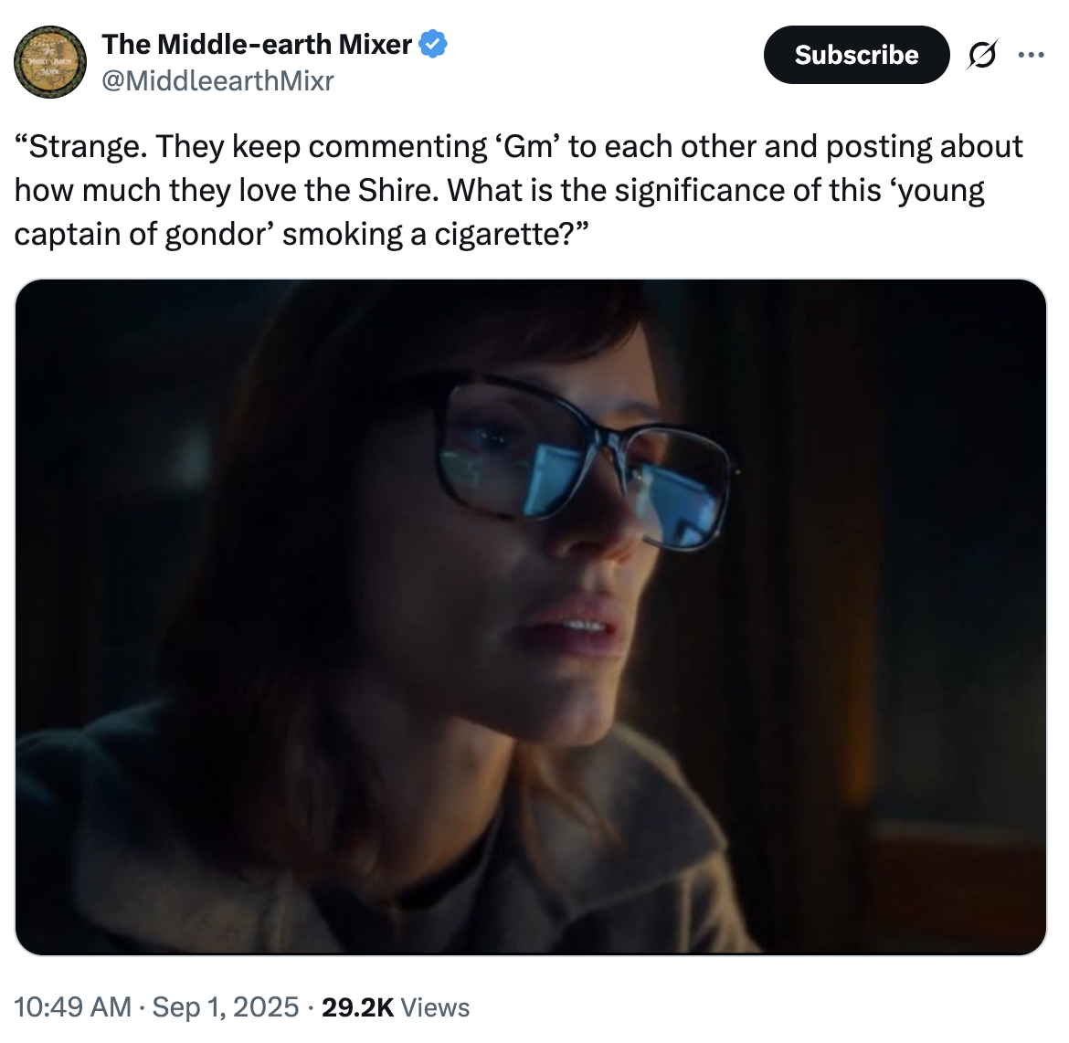 A "tweet":https://knowyourmeme.com/memes/sites/twitter-x using the image of Jessica Chastain looking at a computer from the upcoming Apple TV+ show _The Savant_.