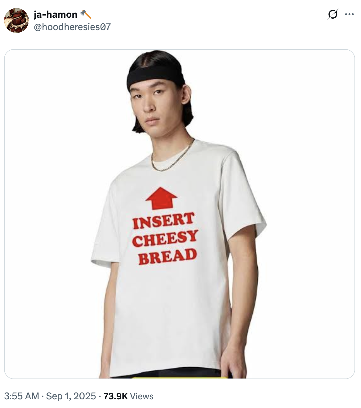 A "tweet":https://knowyourmeme.com/memes/sites/twitter-x referencing the Insert Cheesy Bread shirt and "meme":https://knowyourmeme.com/memes/memes.