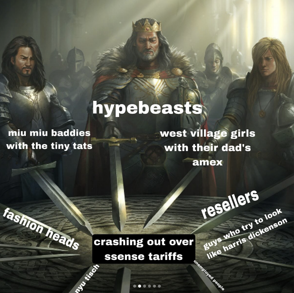 X user @socialitetragedies posted a "Swords United":https://knowyourmeme.com/memes/swords-united meme about the Canadian luxury e-commerce brand Ssense filing for bankruptcy.