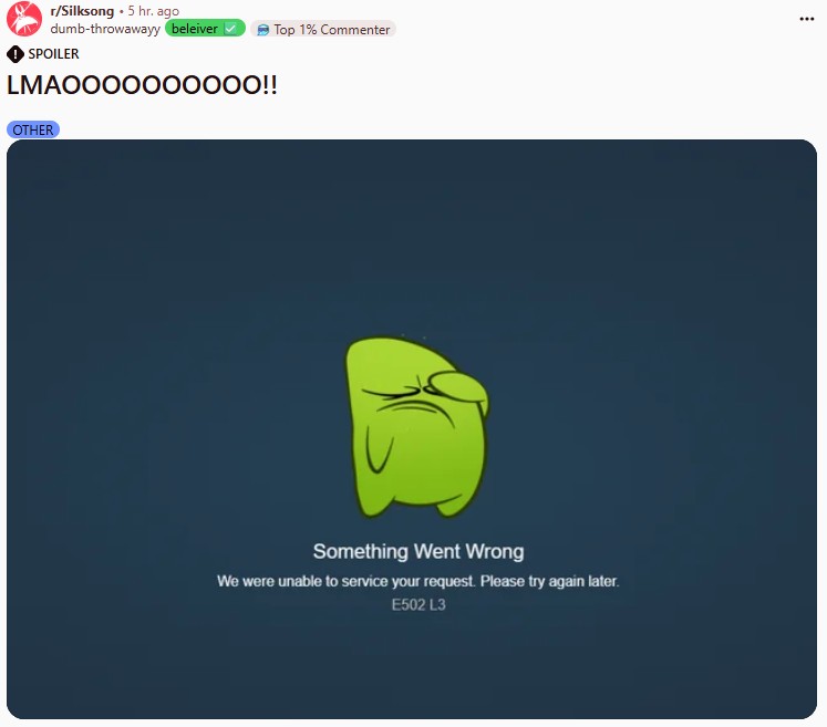 A Reddit post about Silksong crashing Steam.