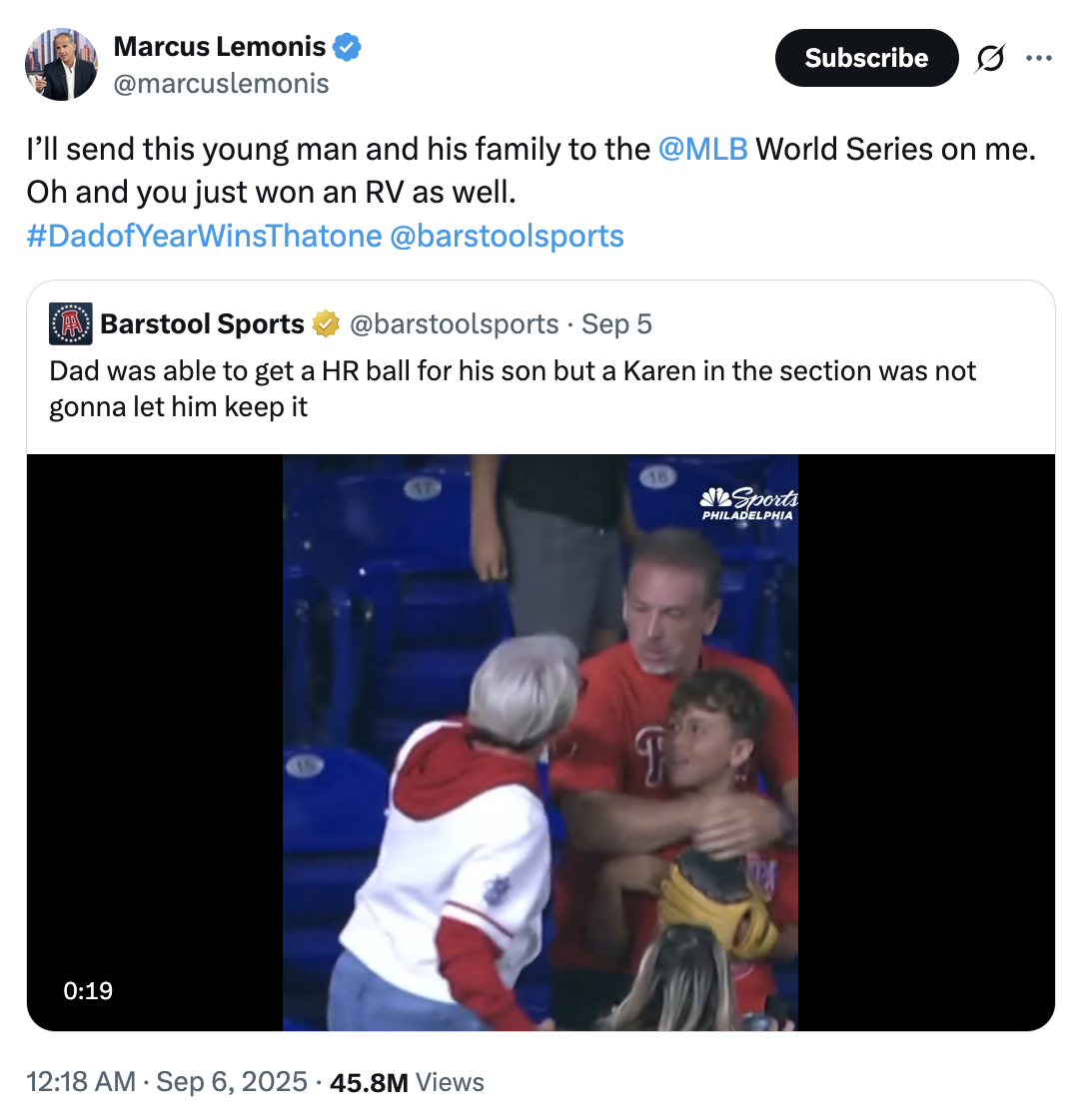 CEO of the Camping World Marcus Lemonis tweeted, "I’ll send this young man and his family to the @MLB
 World Series on me. Oh and you just won an RV as well," in response to the video of "Phillies Karen," who went viral for arguing over a homerun baseball and taking it from a young fan at the Phillies vs Marlins game in September 2025. 
