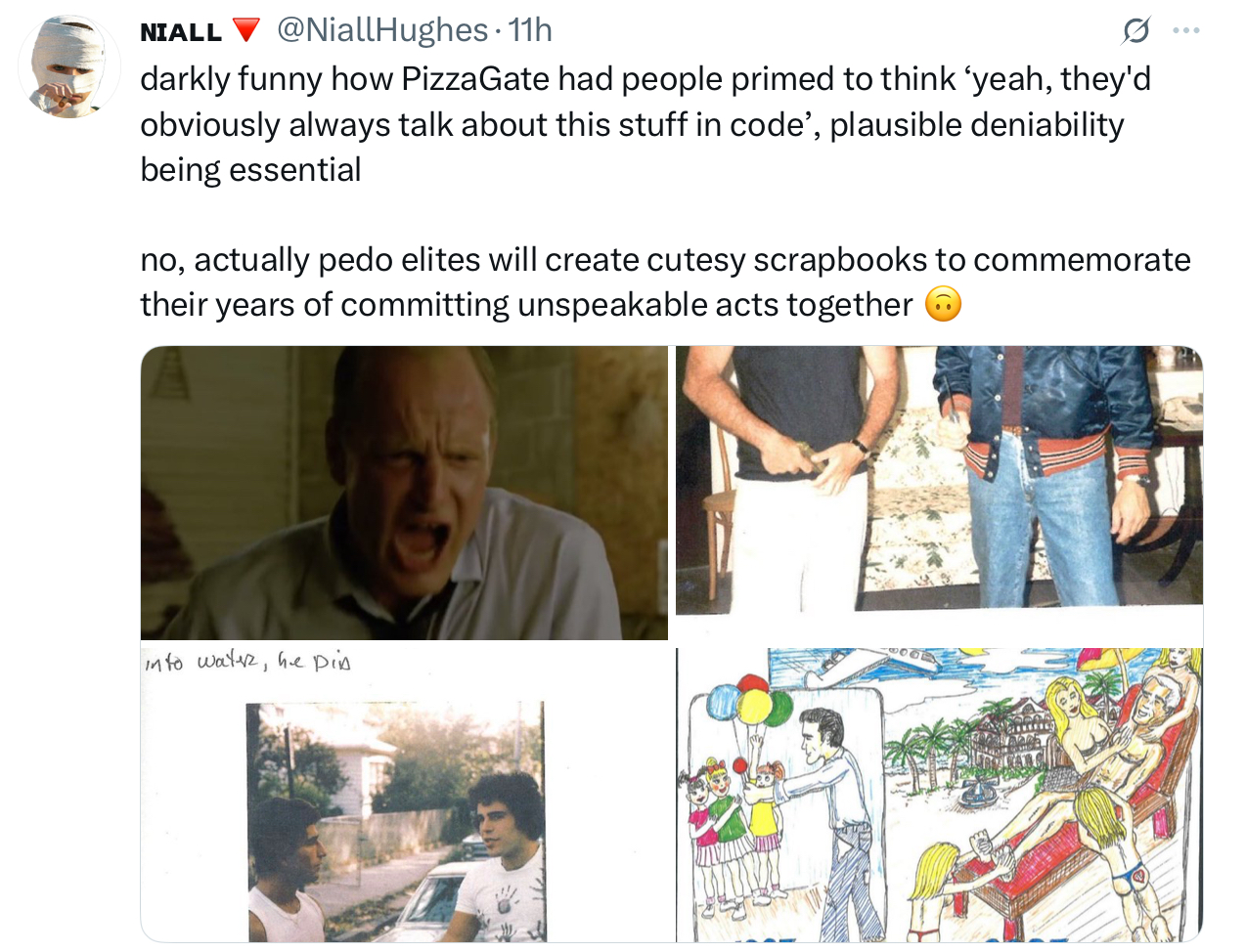 NIALL ▼ @NiallHughes. 11h darkly funny how PizzaGate had people primed to think 'yeah, they'd obviously always talk about this stuff in code', plausible deniability being essential no, actually p--- elites will create cutesy scrapbooks to commemorate their years of committing unspeakable acts together into water, he pin