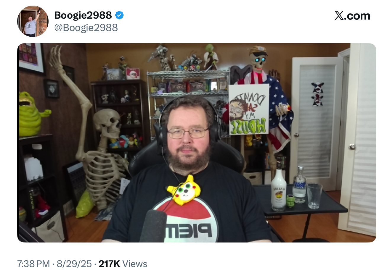 Boogie2988 ❤ @Boogie2988 tsill 7:38 PM 8/29/25 217K Views Mi TAMOO A M רוכת X.com X