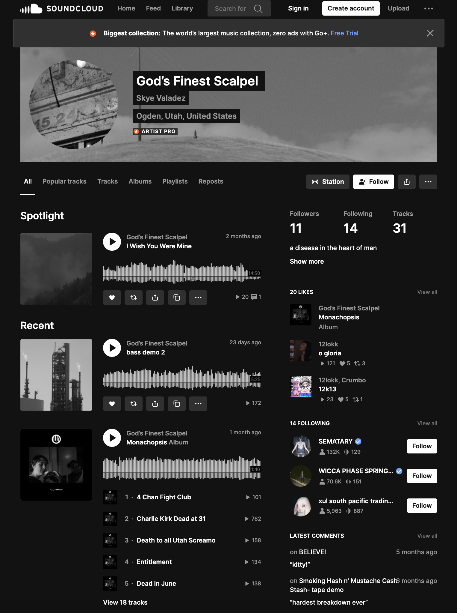 A screenshot of the God's Finest Scalpel "SoundCloud":https://knowyourmeme.com/memes/sites/soundcloud page, allegedly belonging to a Skye Valadez from Ogden, Utah, who was linked to the "Charlie Kirk Shooting":https://knowyourmeme.com/memes/events/charlie-kirk-shooting-at-utah-valley-university because of a song on their page called "Charlie Kirk Dead at 31."