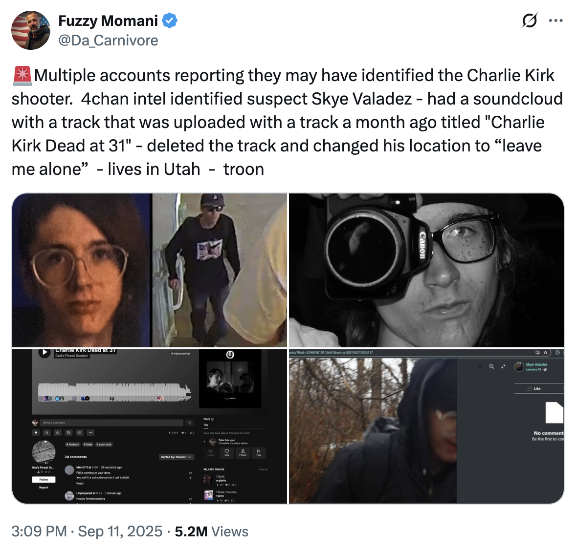 A "tweet":https://knowyourmeme.com/memes/sites/twitter-x using alleged images of "Skye Valadez" from an unknown source, linking the photos to the "person of interest" in the "assassination of Charlie Kirk":https://knowyourmeme.com/memes/events/charlie-kirk-shooting-at-utah-valley-university.