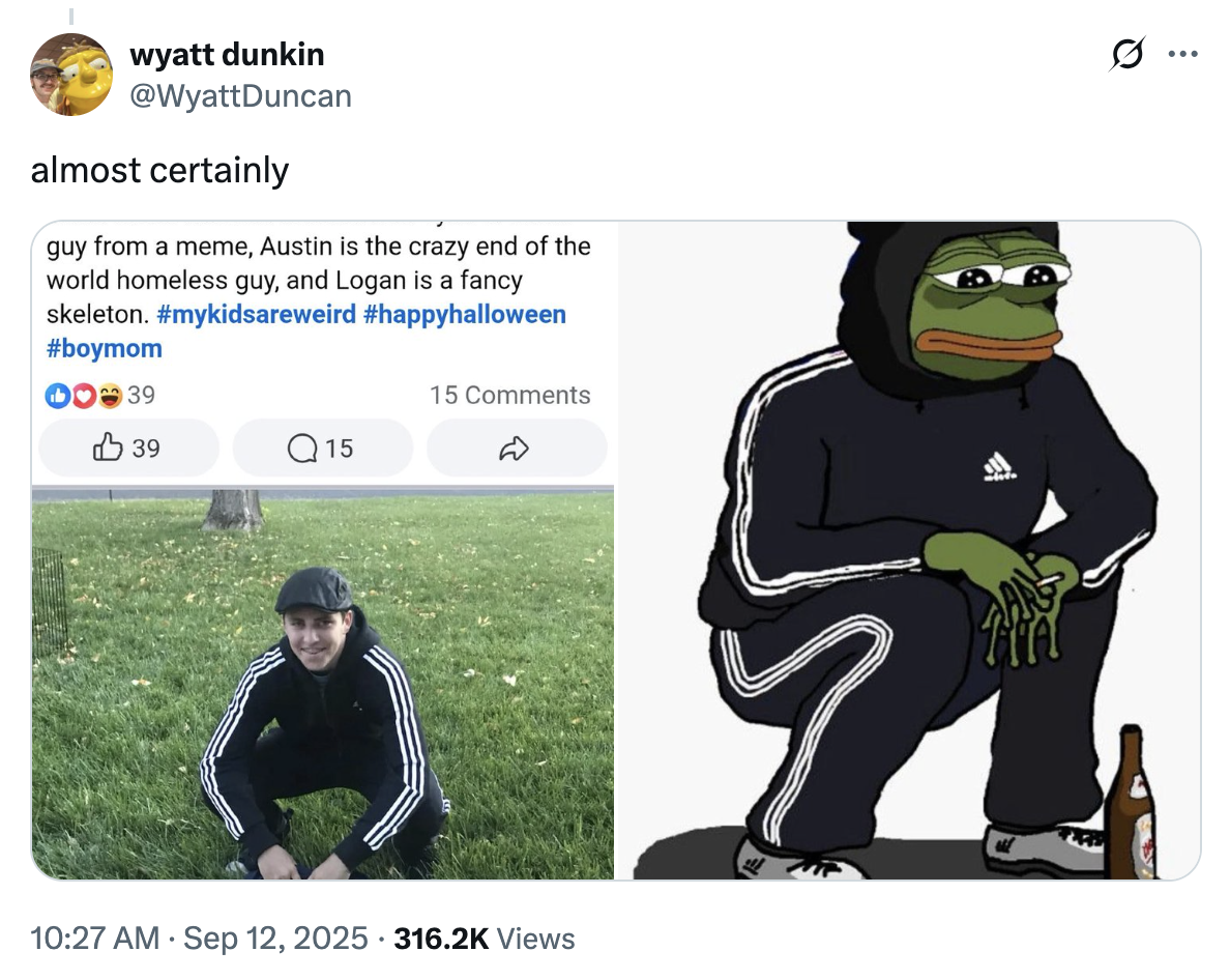 A "Facebook":https://knowyourmeme.com/memes/sites/facebook-meta post from the mother of Tyler Robinson, showing him in a Gopnik Halloween costume in 2018.