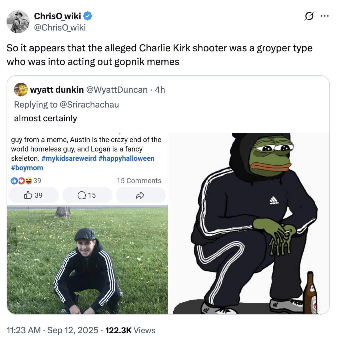 A "Facebook":https://knowyourmeme.com/memes/sites/facebook-meta post from the mother of Tyler Robinson, showing him in a Gopnik Halloween costume in 2018.