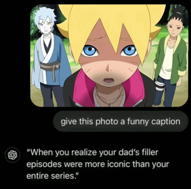 give this photo a funny caption "When you realize your dad's filler episodes were more iconic than your entire series."