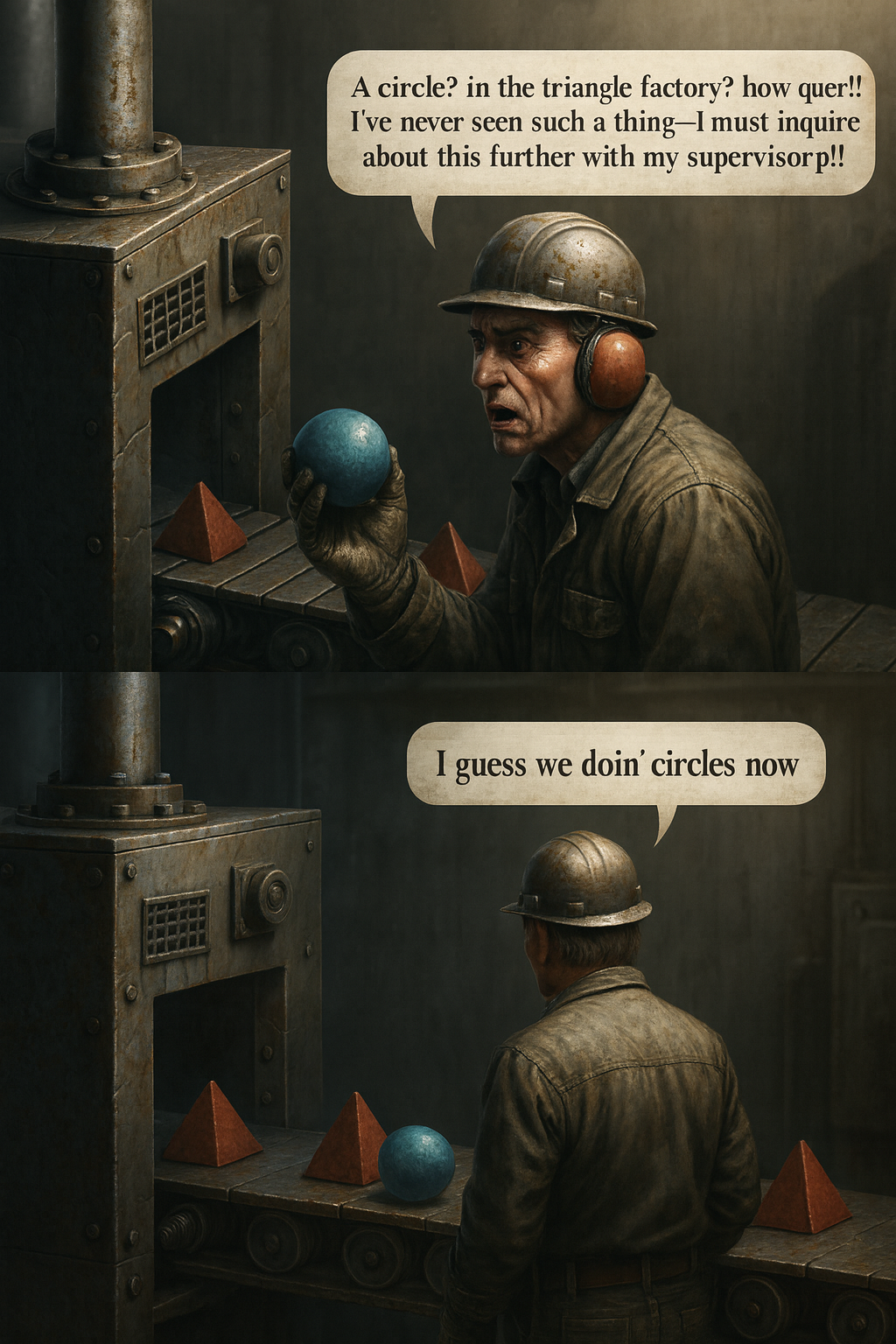 A circle? in the triangle factory? how quer!! I've never seen such a thing-I must inquire about this further with my supervisorp!! I guess we doin' circles now