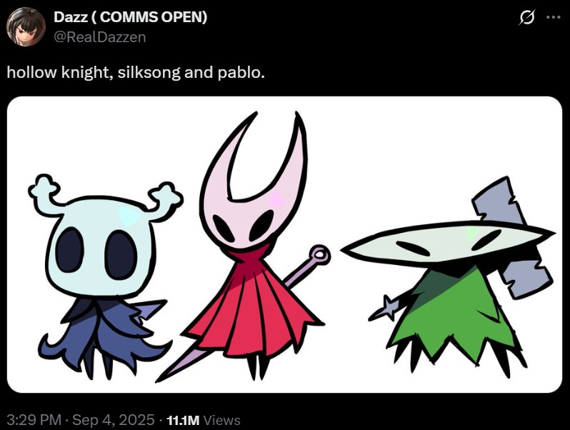 A piece of fan art by RealDazzen. The art shows The Knight, Hornet and a made up Hollow Knight character, Pablo.