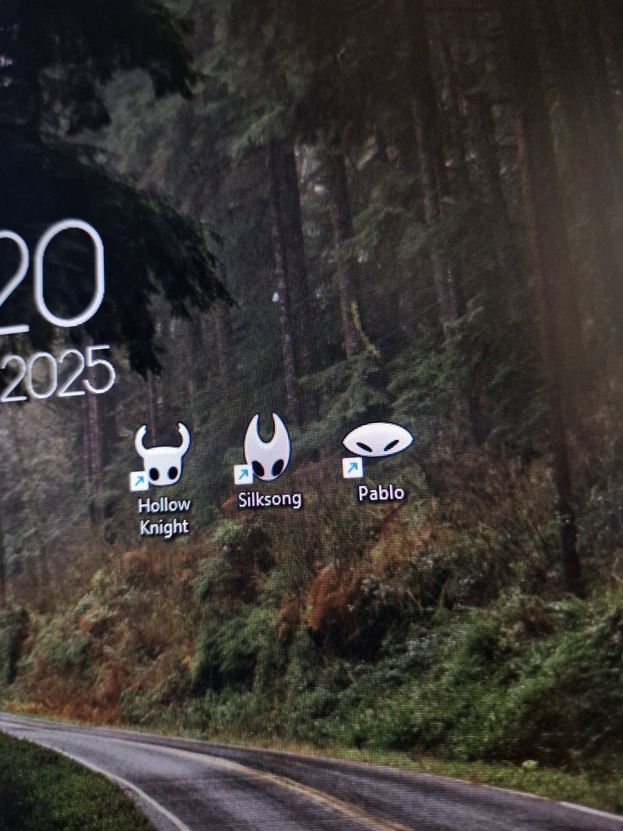 A computer screen. The computer shows icons for Hollow Knight, Silksong and a made up game, Pablo.