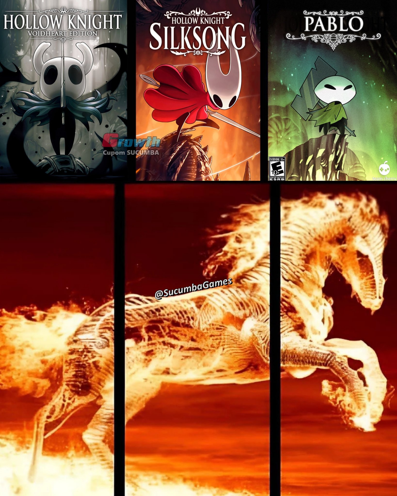 A flaming horse meme. The meme ranks the Hollow Knight games, including a third non existent game.