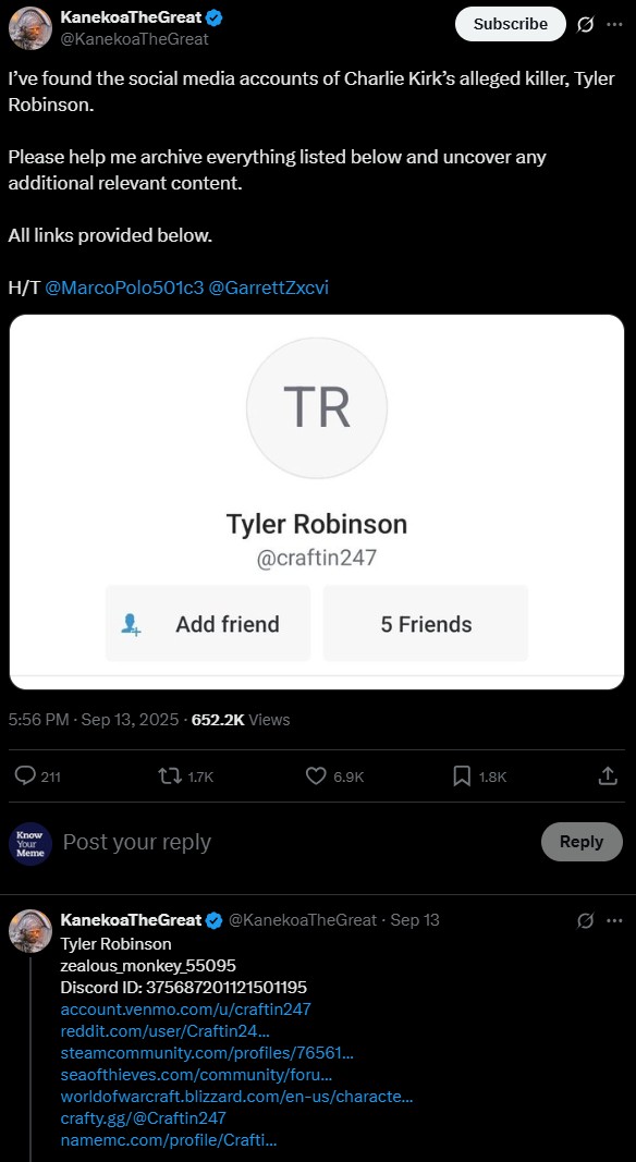 A post from Twitter / X user @KanekoaTheGreat on September 13th, 2025, which claimed to show various online accounts belonging to Tyler Robinson, the suspected Charlie Kirk Shooter.