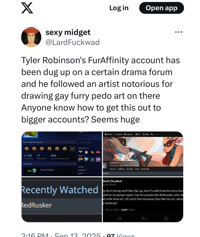 A post the the subreddit for the "_Red Scare Podcast_":https://trending.knowyourmeme.com/memes/subcultures/red-scare-podcast discussing the alleged Charlie Kirk shooter's Fur Affinity account, which spread online in mid-September 2025.