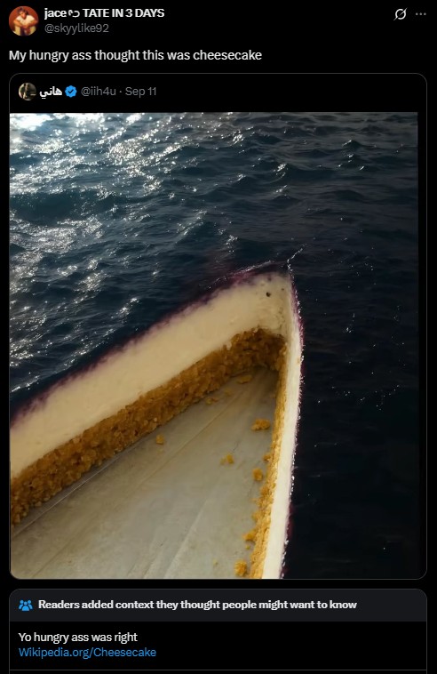 A post reading, "My hungry ahh thought this was cheesecake." The post shares an image of a cheesecake.