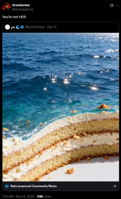 tiramiseww @dystopianzzz You're not HER C@Butterflless. Sep 13 Rate proposed Community Notes 1:25 AM - Sep 14, 2025. 15M Views ..