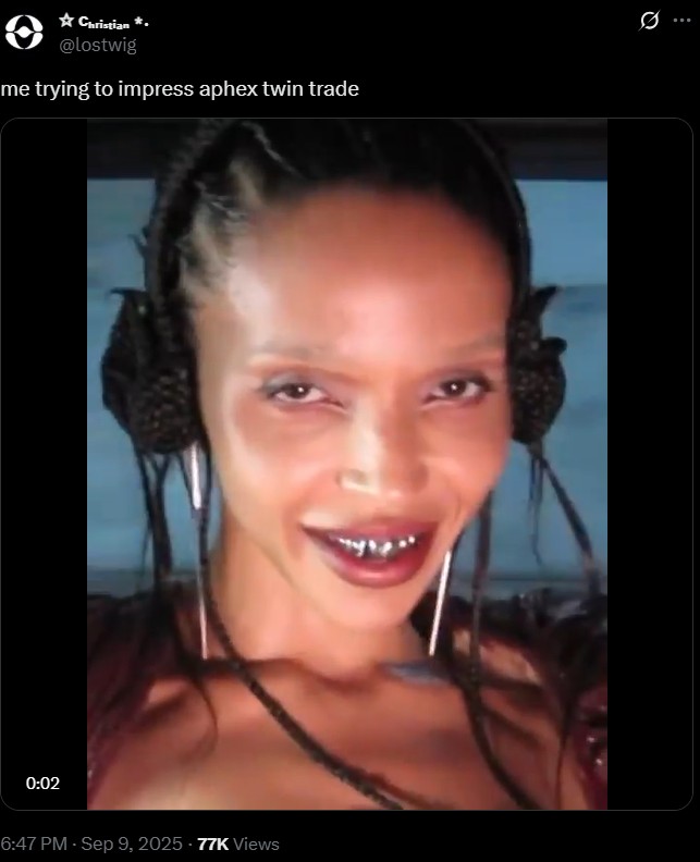 € ⭑Christian @lostwig me trying to impress aphex twin trade 0:02 6:47 PM - Sep 9, 2025 - 77K Views Q