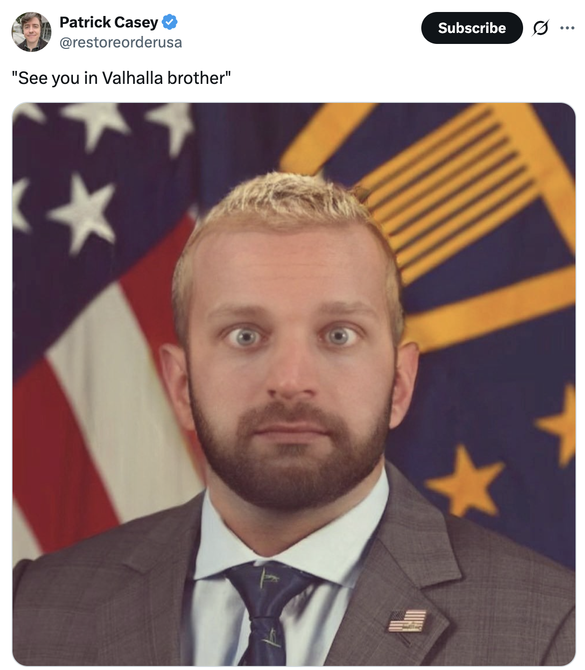 A "quote-tweet":https://knowyourmeme.com/memes/quote-retweets-qrts about FBI Director Kash Patel saying, "I'll see you in Valhalla," to the late "Charlie Kirk":https://knowyourmeme.com/memes/events/charlie-kirk-shooting-at-utah-valley-university after he was fatally shot in September 2025.