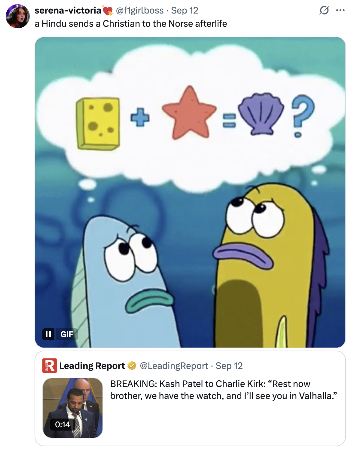 A "quote-tweet":https://knowyourmeme.com/memes/quote-retweets-qrts about FBI Director Kash Patel saying, "I'll see you in Valhalla," to the late "Charlie Kirk":https://knowyourmeme.com/memes/events/charlie-kirk-shooting-at-utah-valley-university after he was fatally shot in September 2025.