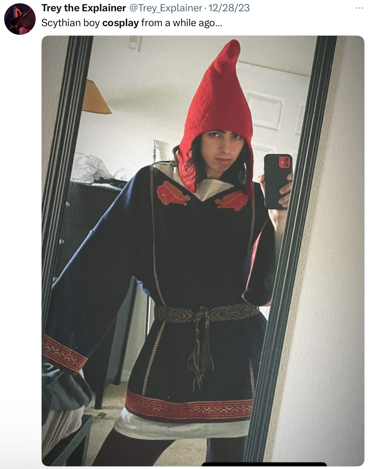 Trey the Explainer @Trey_Explainer. 12/28/23 Scythian boy cosplay from a while ago...