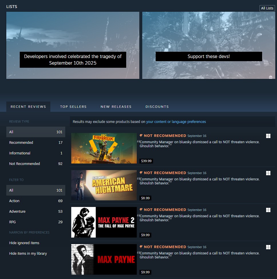 A screenshot of the "Steam":https://knowyourmeme.com/memes/sites/steam group CharlieTweetsDetected, which shows their lists of supported and unsupported games, as well as recent reviews by followers.