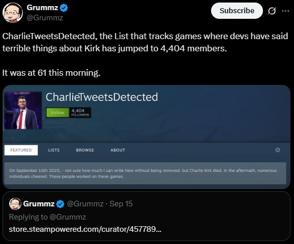 A screenshot of the "Steam":https://knowyourmeme.com/memes/sites/steam group CharlieTweetsDetected in a tweet from X / Twitter user Grummz.
