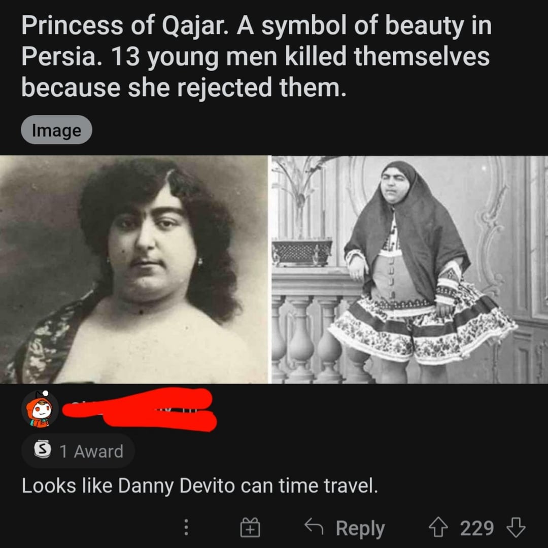 Princess of Qajar. A symbol of beauty in Persia. 13 young men killed themselves because she rejected them. Image → 1 Award Looks like Danny Devito can time travel. SCEL Reply 229
