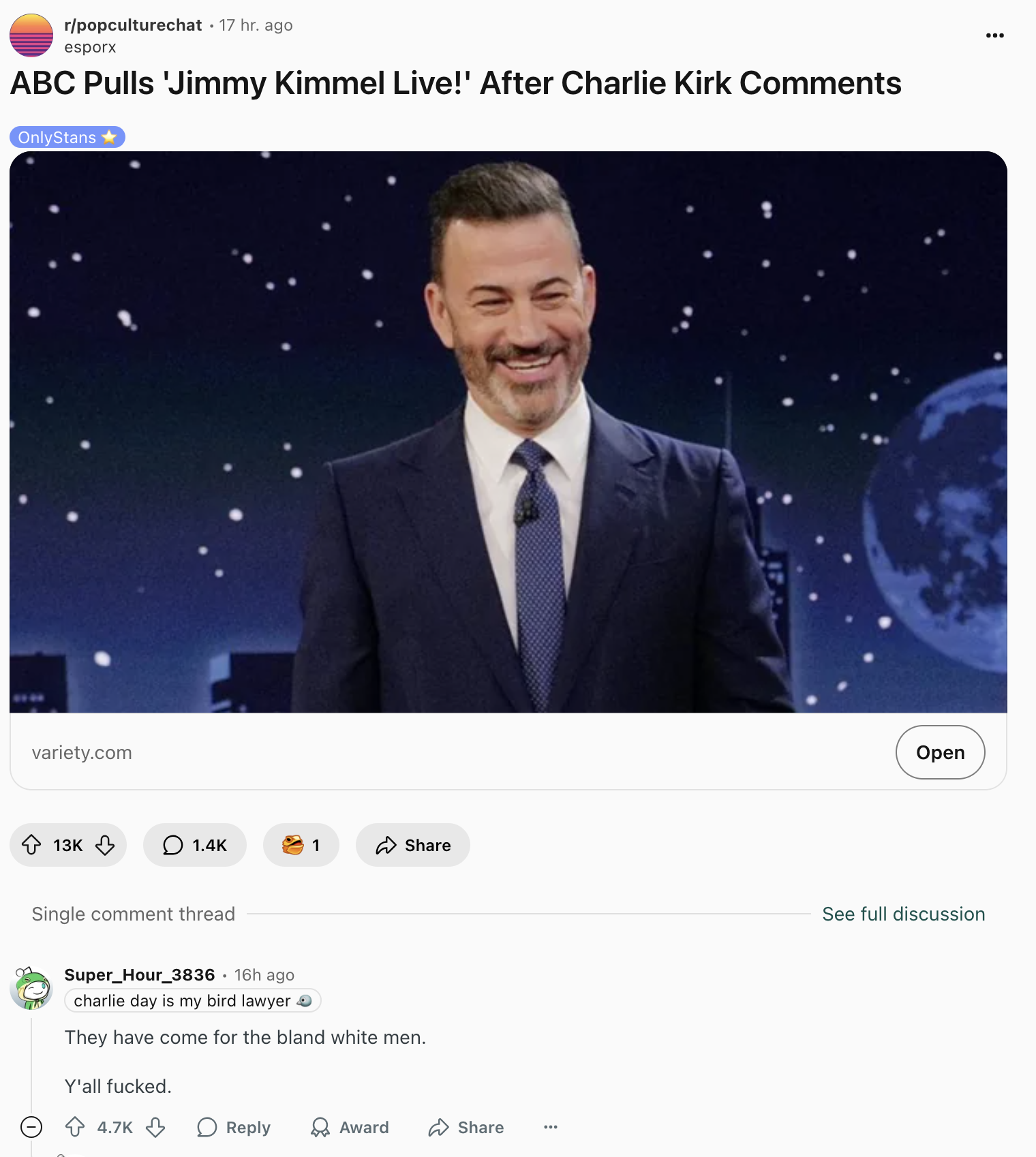 A "Reddit":https://knowyourmeme.com/memes/sites/reddit comment about "Jimmy Kimmel":https://knowyourmeme.com/memes/people/jimmy-kimmel being pulled indefinitely from ABC in September 2025, following his comments about the "death of Charlie Kirk":https://knowyourmeme.com/memes/events/charlie-kirk-shooting-at-utah-valley-university and about the suspected shooter, "Tyler Robinson":https://knowyourmeme.com/memes/people/tyler-robinson-suspected-charlie-kirk-shooter.