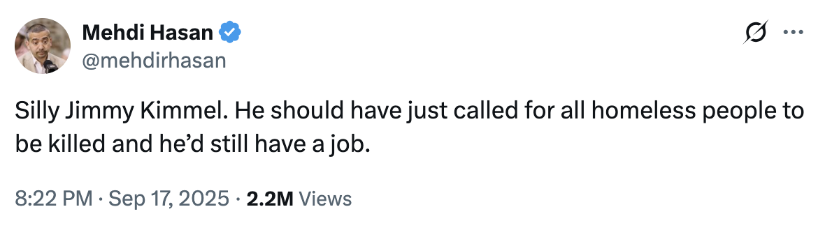 A "tweet":https://knowyourmeme.com/memes/sites/twitter-x about "Jimmy Kimmel":https://knowyourmeme.com/memes/people/jimmy-kimmel being pulled indefinitely from ABC in September 2025, following his comments about the "death of Charlie Kirk":https://knowyourmeme.com/memes/events/charlie-kirk-shooting-at-utah-valley-university and about the suspected shooter, "Tyler Robinson":https://knowyourmeme.com/memes/people/tyler-robinson-suspected-charlie-kirk-shooter.