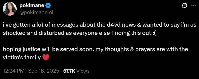 Pokimane responds to D4vd allegations.