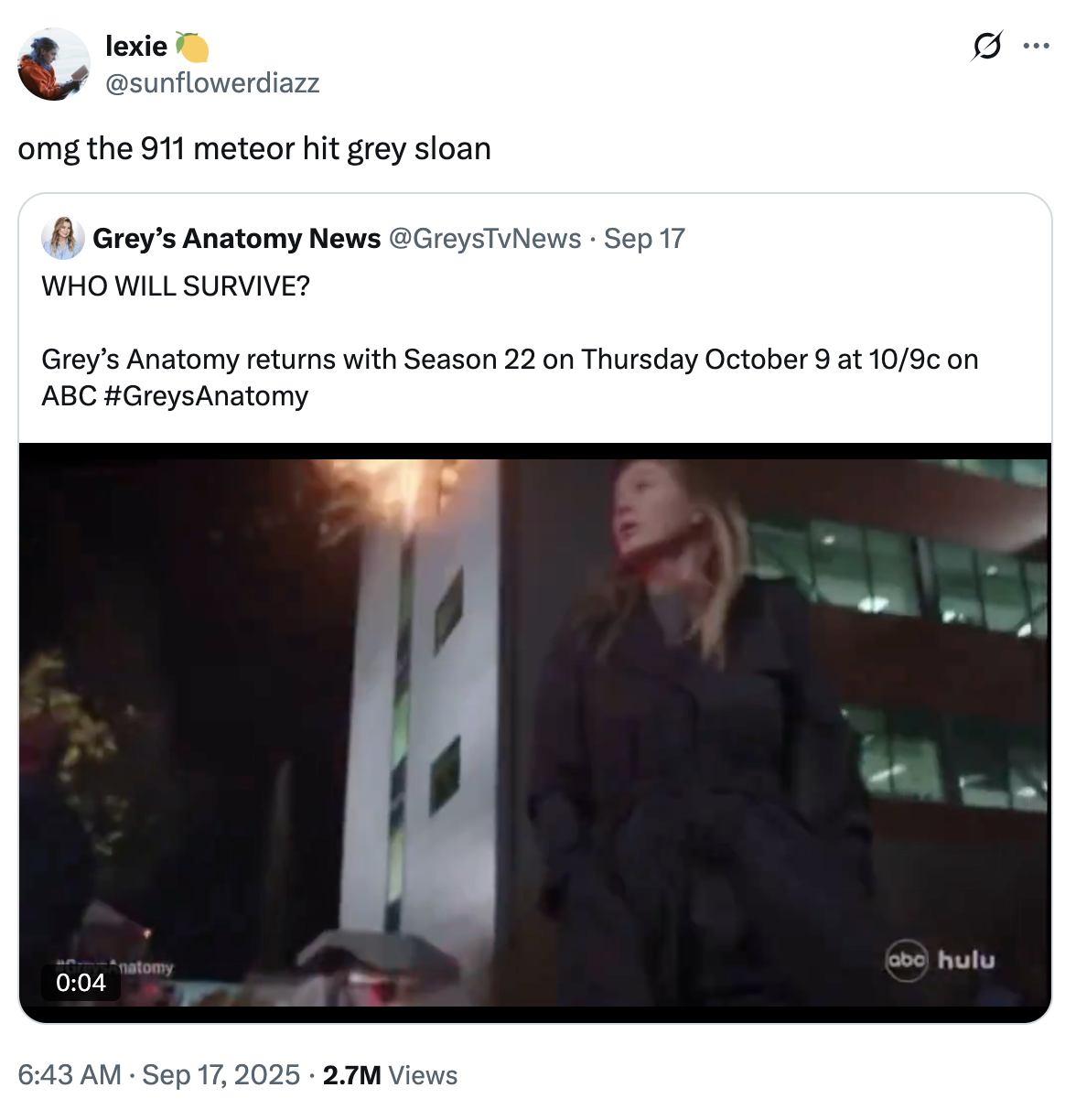 A "quote-tweet":https://knowyourmeme.com/memes/quote-retweets-qrts joking about the season 9 promotional trailer for ABC on Hulu's show _9-1-1_, in which a meteor shower rains down on the city.