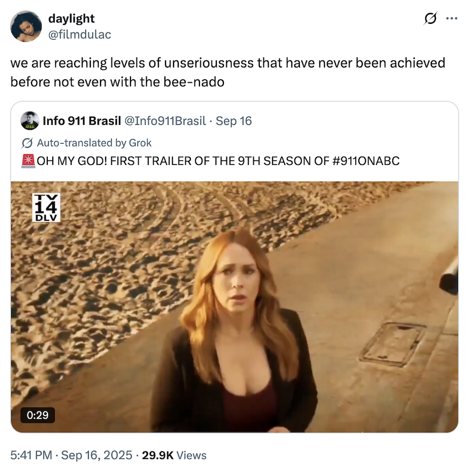 A "quote-tweet":https://knowyourmeme.com/memes/quote-retweets-qrts joking about the season 9 promotional trailer for ABC on Hulu's show _9-1-1_, in which a meteor shower rains down on the city.