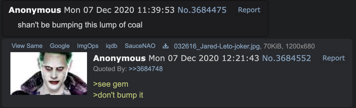 An early example of the word "coal" being used to describe a bad post on 4chan's /qa/ board in December 2020. The word "coal" was used to describe low-quality posts that received the disapproval of the wider Soyjak.party community. 