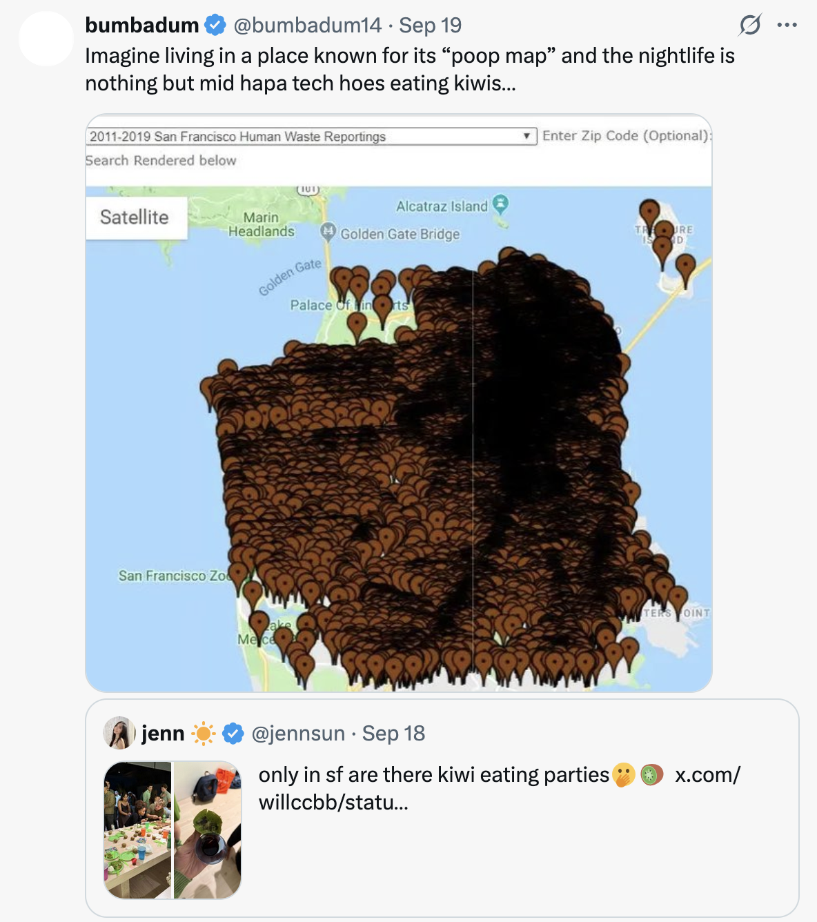 X user @bumbadum14 tweeted, "Imagine living in a place known for its “poop map” and the nightlife is nothing but mid hapa tech hoes eating kiwis…" in response to X user @jennsun's post about going to a "kiwi eating party" in San Francisco.
