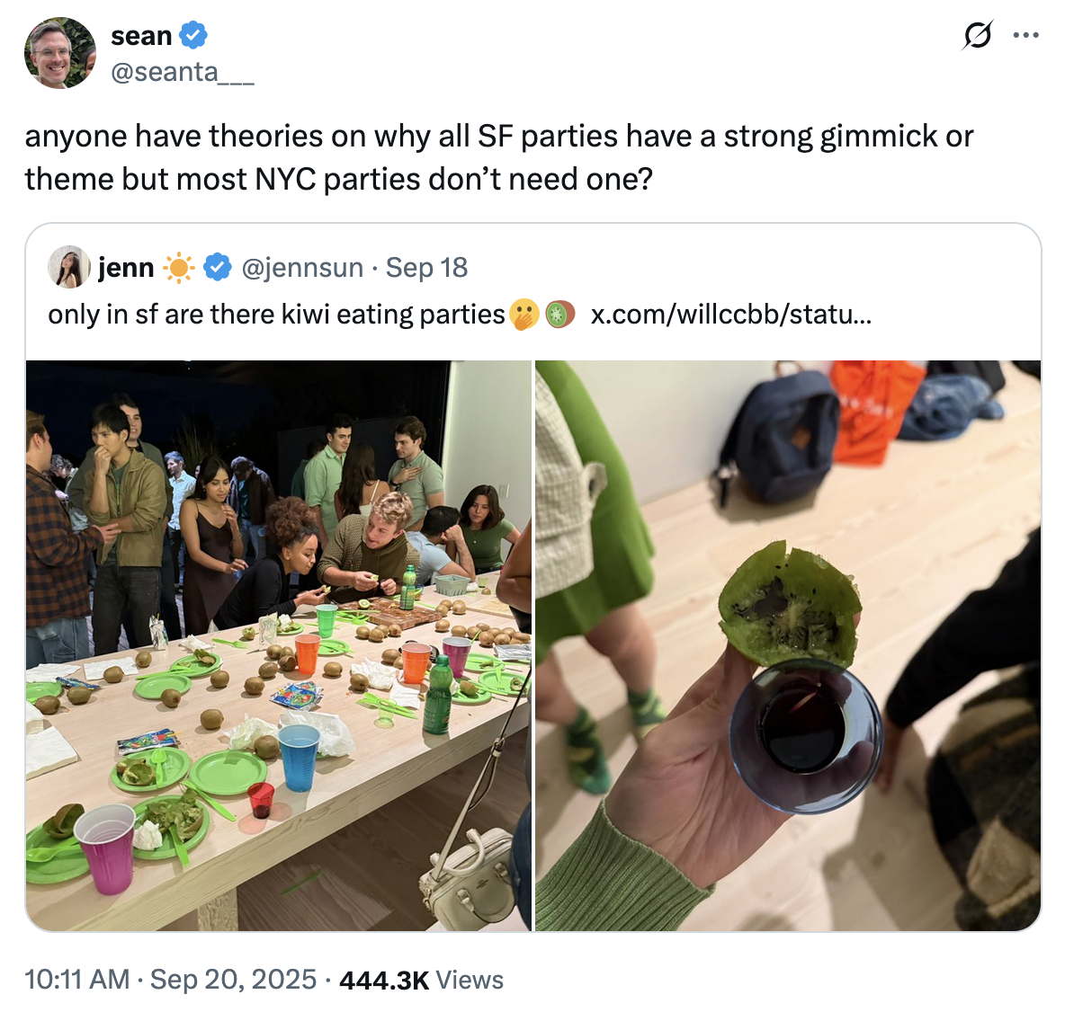 X user @seanta___ tweeted, "anyone have theories on why all SF parties have a strong gimmick or theme but most NYC parties don’t need one?" in response to X user @jennsun's post about going to a "kiwi eating party" in San Francisco.