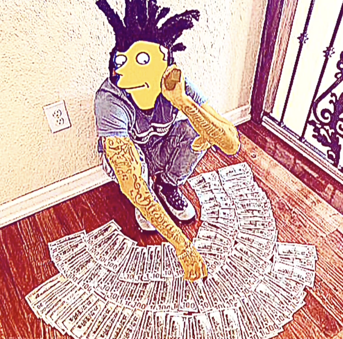An "On Sneednem" "meme":https://knowyourmeme.com/memes/memes, showing a guy spreading money with a face from the "Sneed's Feed and Seed":https://knowyourmeme.com/memes/sneeds-feed-and-seed scene from "_The Simpsons_":https://knowyourmeme.com/memes/subcultures/the-simpsons.