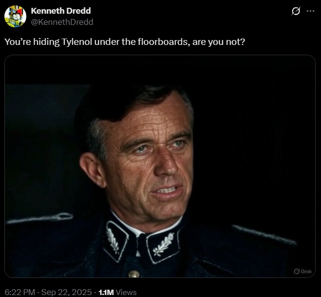 Kenneth Dredd @KennethDredd You're hiding Tylenol under the floorboards, are you not? 0 Grok 6:22 PM - Sep 22, 2025 - 1.1M Views