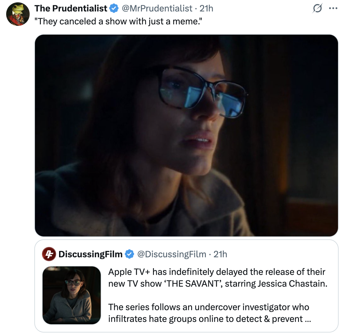 A "quote-tweet":https://knowyourmeme.com/memes/quote-retweets-qrts making fun of the Apple TV+ show _The Savant_ being postponed in late September 2025.