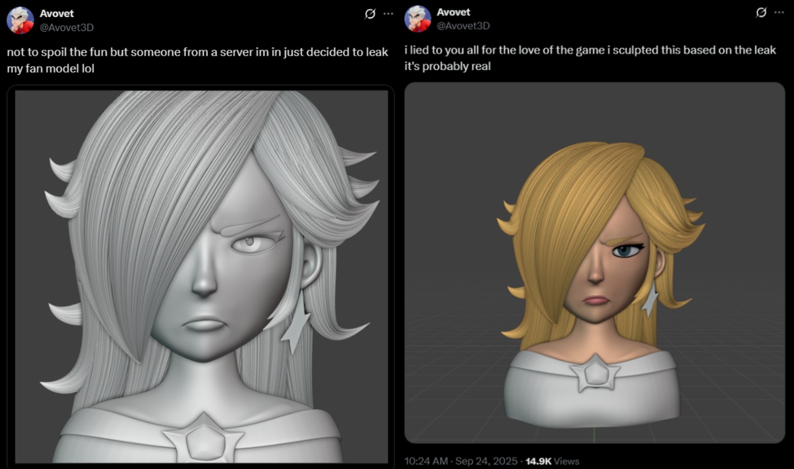 Two tweets by @avovet3d. In the first he claims the Rosalina leaks are his. In the second he claims he lied.