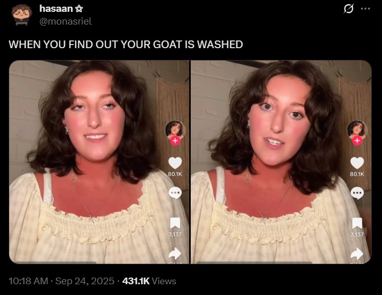 A post reading "when you find out your goat is washed." The post shares photos of Hannah Brown.