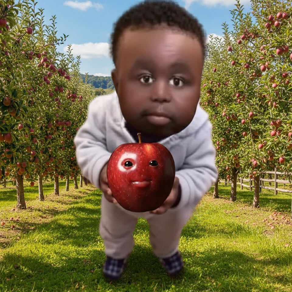 Montgomery Swizzenbocher holding the apple from the "Niche Fruits":https://knowyourmeme.com/memes/ai-fruits-eating-themselves-niche-fruit "meme":https://knowyourmeme.com/memes/memes.