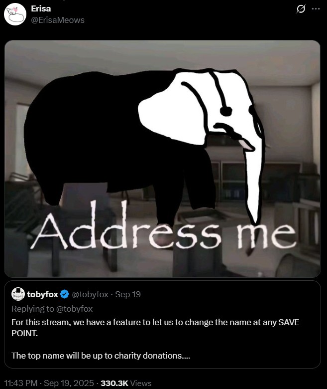 A version of the address me elephant meme. The meme references Gaster from Undertale.
