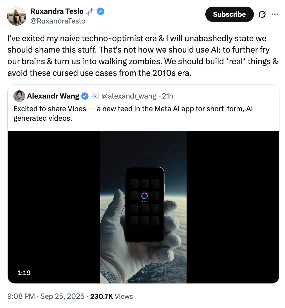 X user @RuxandraTeslo tweeted, "I've exited my naive techno-optimist era & I will unabashedly state we should shame this stuff. That's not how we should use AI: to further fry our brains & turn us into walking zombies. We should build *real* things & avoid these cursed use cases from the 2010s era."