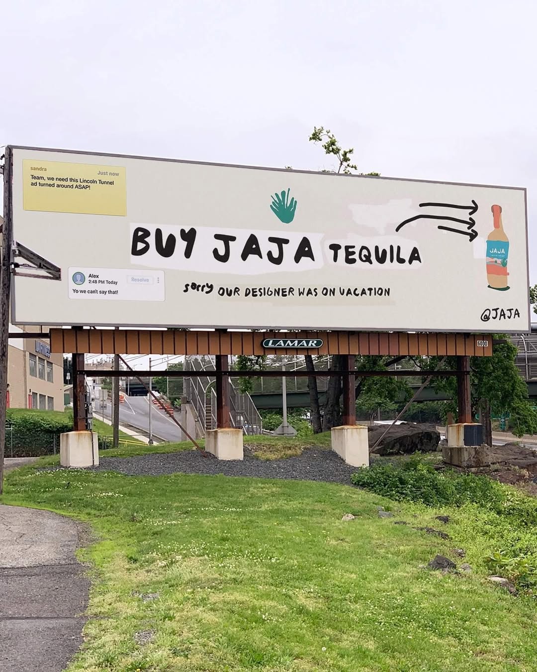 The trend where brands jokingly present a crude or low effort advertisement with the tagline, "our designer is on vacation" can be traced as far back as 2019, as seen in a May 31st, 2019 Facebook post showing a billboard promoting JAJA tequila. 
