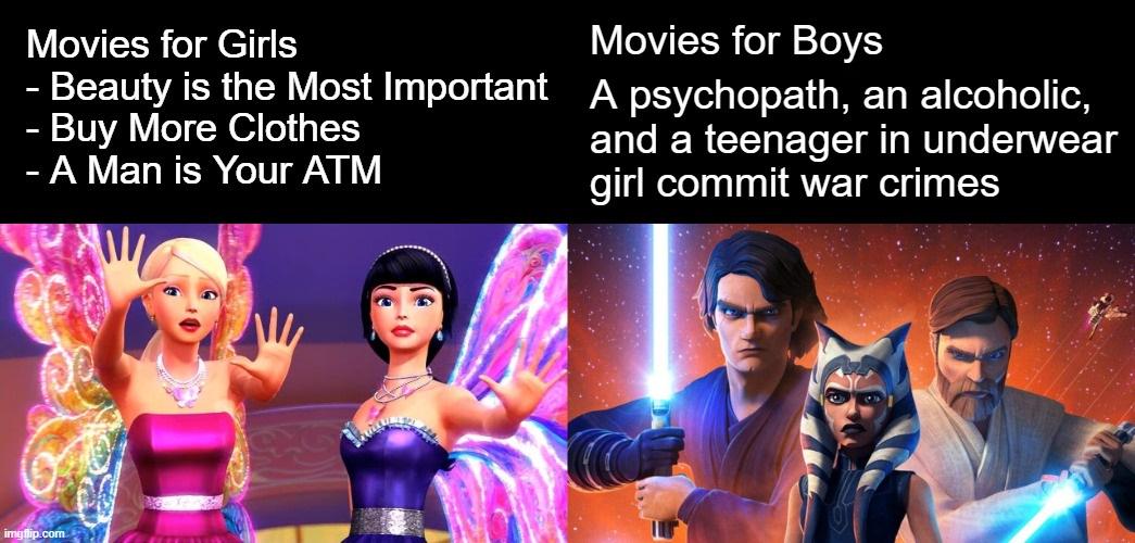 Movies for Girls - - Beauty is the Most Important - Buy More Clothes - A Man is Your ATM Movies for Boys A psychopath, an alcoholic, and a teenager in underwear girl commit war crimes imgflip.com