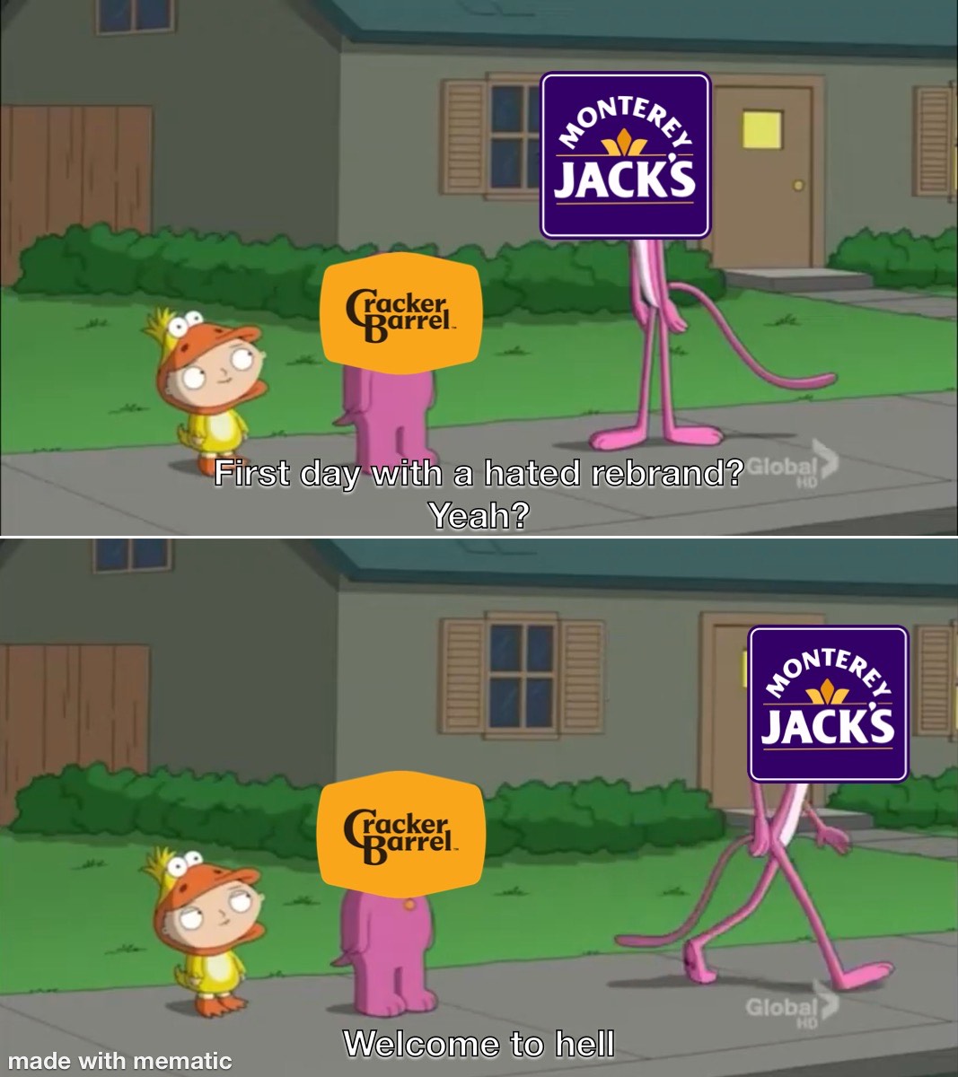 Cracker Barrel MONTEREY JACK'S First day with a hated rebrand? Global Yeah? Cracker MONTEREL JACKS Global HD Welcome to hell made with mematic