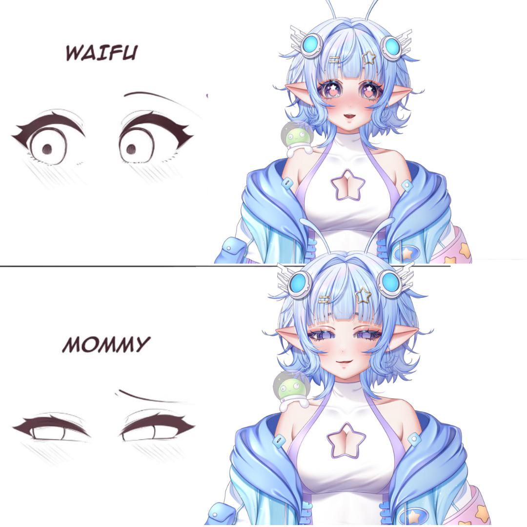 A version of the Waifu vs. Mommy eyes meme. The meme compares two images of Eerie Canary, a VTuber.