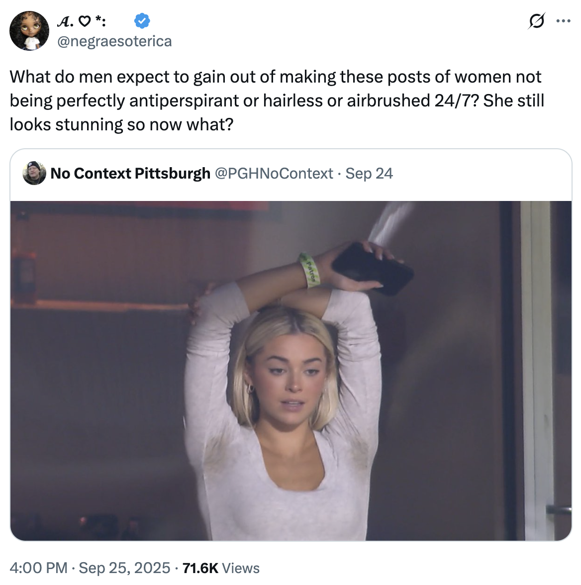 A "quote-tweet":https://knowyourmeme.com/memes/quote-retweets-qrts of the image of gymnast "Livvy Dunne":https://knowyourmeme.com/memes/people/olivia-livvy-dunne with her arms up, showing her armpits with pit stains at a Pittsburgh Pirates game. 