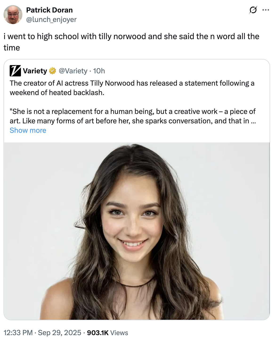 A "quote-tweet":https://knowyourmeme.com/memes/quote-retweets-qrts about Tilly Norwood, an "AI":https://knowyourmeme.com/memes/cultures/ai-artificial-intelligence actress, launched in September 2025 by the "British":https://knowyourmeme.com/memes/british-people-briish "AI talent studio" Xicoia.